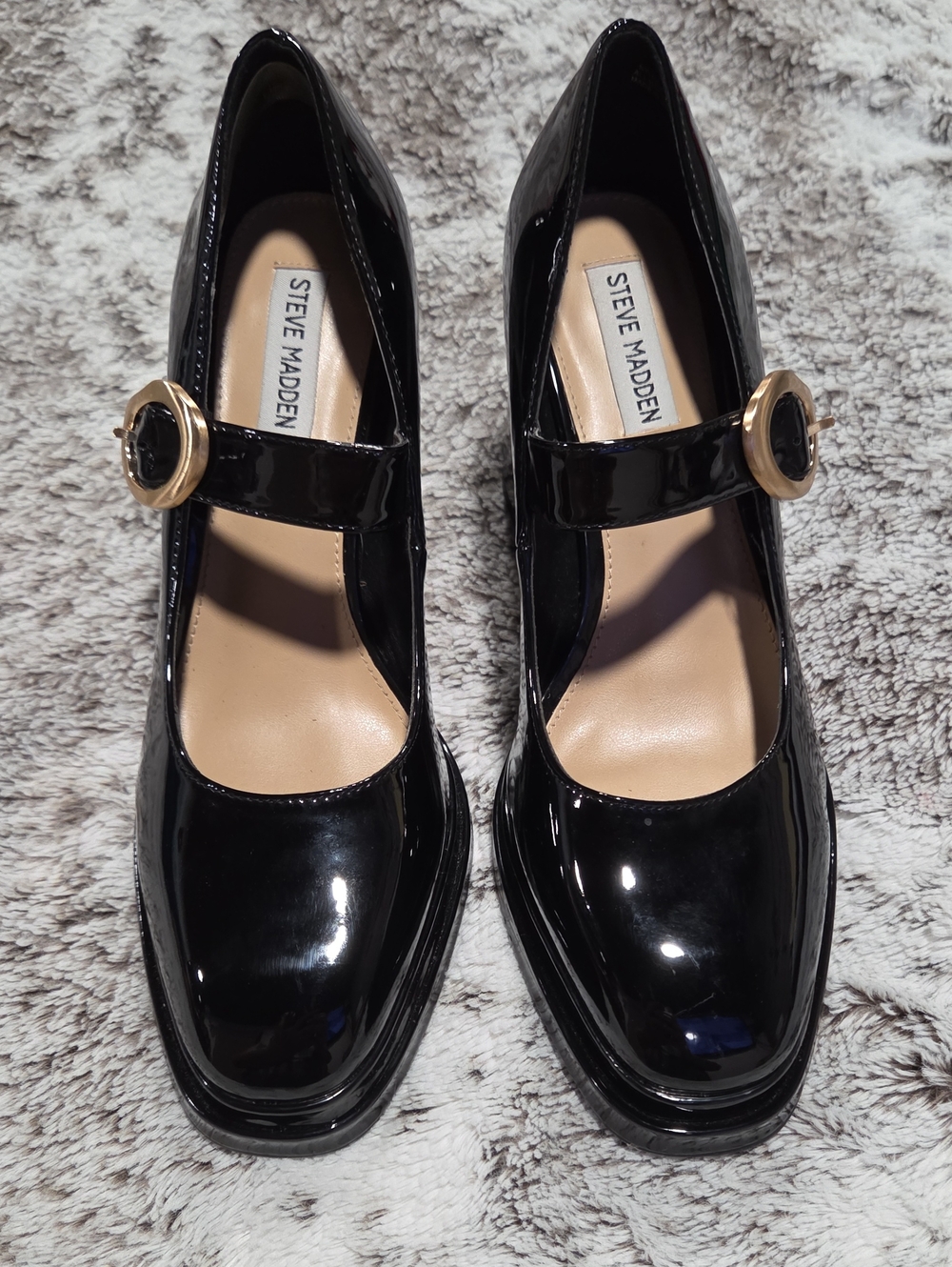 Steve Madden Black Patent Mary Jane Pumps with Gold Buckle
